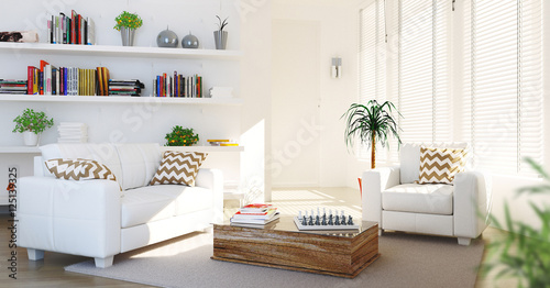 Salotto con divano bianco e poltrona luminoso nuovo minimal