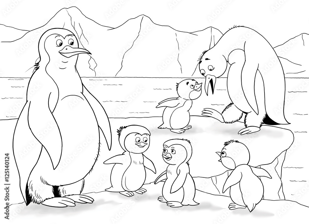 At the zoo. Arctic animals. A family of cute penguins. Illustration for  children. Coloring book. Coloring page. Funny cartoon characters. Stock  Illustration | Adobe Stock