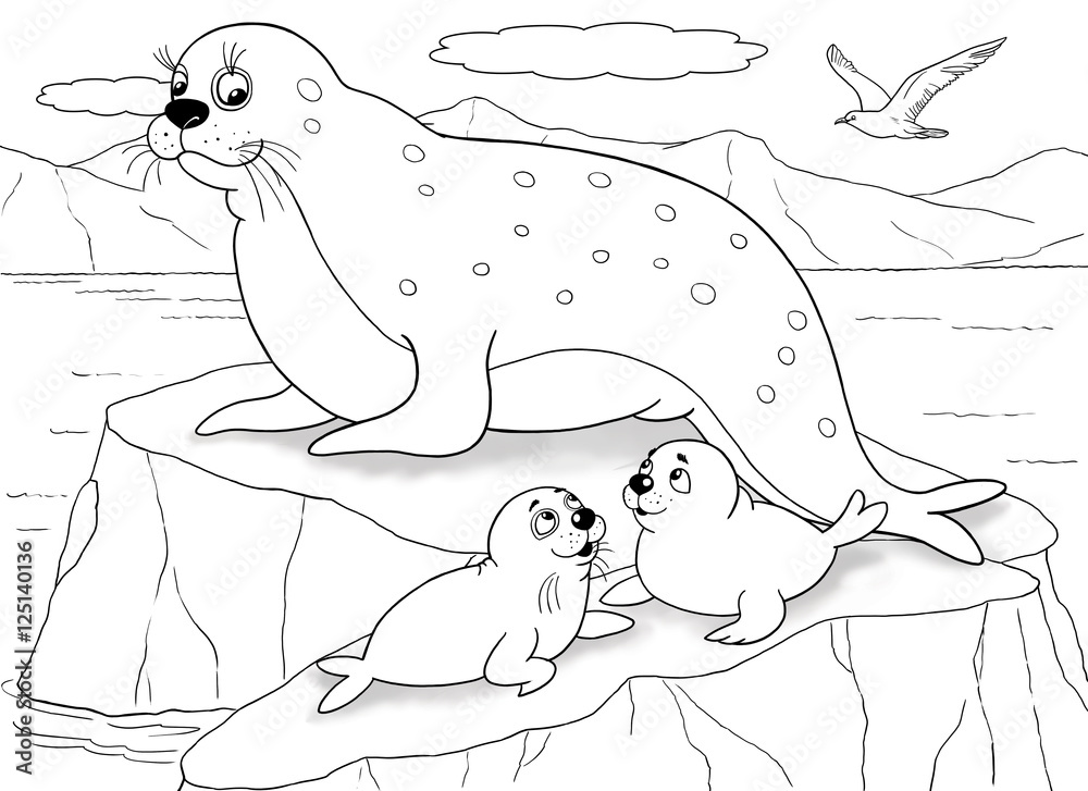 At the zoo. Arctic animals. A cute mother seal and her babies. Illustration  for children. Coloring book. Coloring page. Funny cartoon characters. Stock  Illustration | Adobe Stock