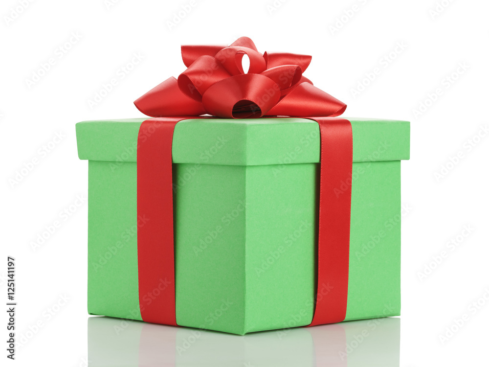 green gift box with red ribbon bow isolated on white green gift box with red ribbon bow isolated on white