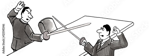 Black and white business illustration showing two men dueling in a meeting room.