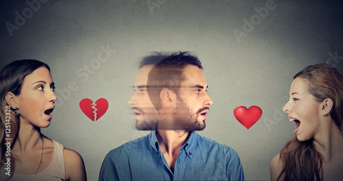 New relationship concept. Love triangle. Young man falls in love with another woman