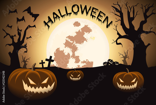Halloween night with full  Moon and pumpkins