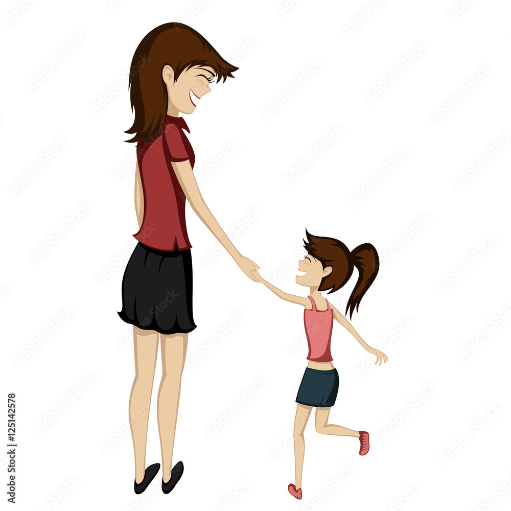 Mom and daughter - Brunette mom and daughter are holding hands a Mom and daughter - Brunette mom and daughter are holding hands a