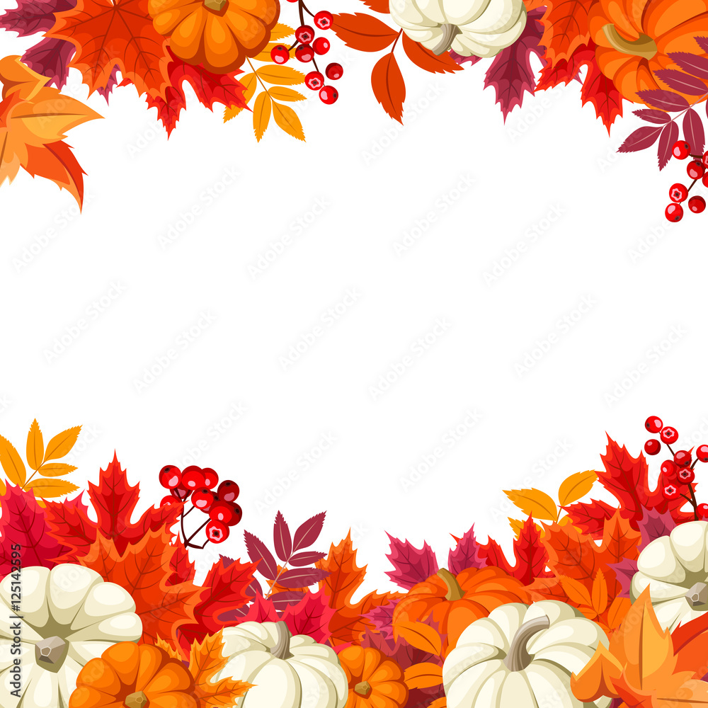 Vector background frame with orange and white pumpkins and colorful autumn leaves.