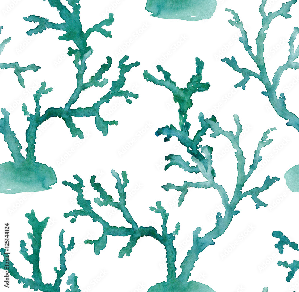 Obraz premium Watercolor painting Seamless sea Coral Print Pattern on white background.