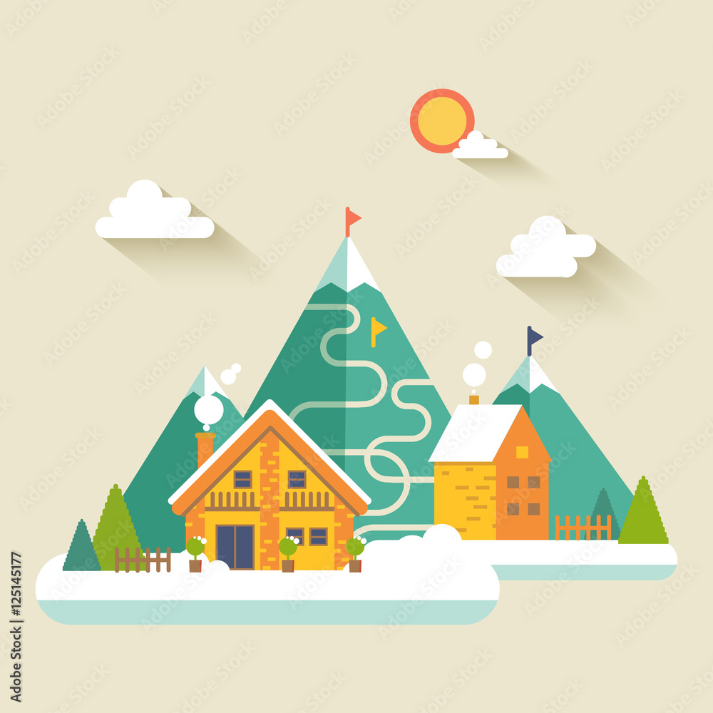 Fototapeta premium Winter Village landscape. Vector flat illustration