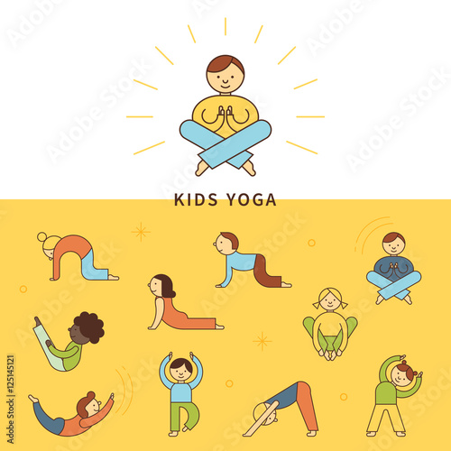 Colorful set cartoon yoga kid characters in flat style. Vector illustration