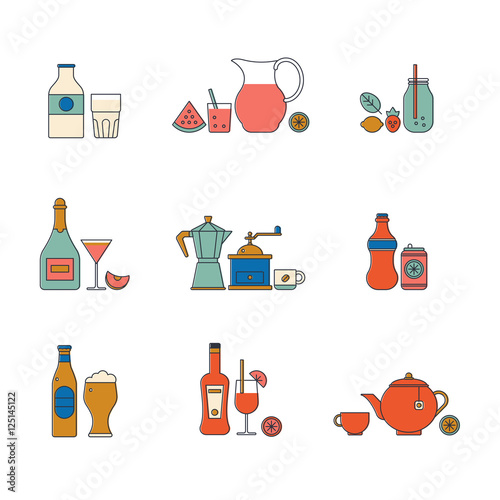 Colorful vector icon set of delicious hot drinks, milk, cocktail, beer and other alcoholic drinks. Part 2