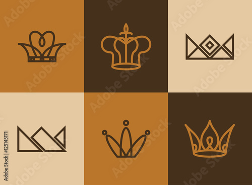 Vector set of minimal line crown icon. Set of graphic design elements. Vector flat illustration.