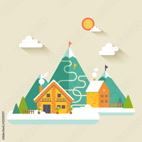 Winter Village landscape. Vector flat illustration