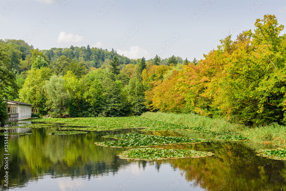 Picturesque pond in the city Park Tivoli, Ljubljana, Slovenia.