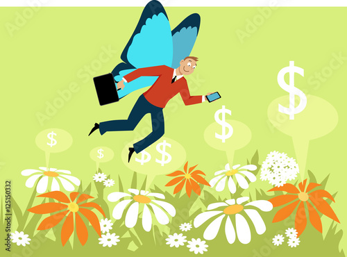 Businessman with butterfly wings flying over a flower field, as a metaphor for a gig economy freelance worker, EPS 8 vector illustration, no transparencies