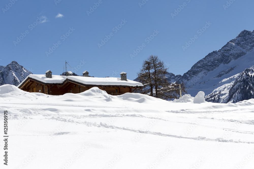 mountain cabin submerged by snow on a sunny day mountain cabin submerged by snow on a sunny day