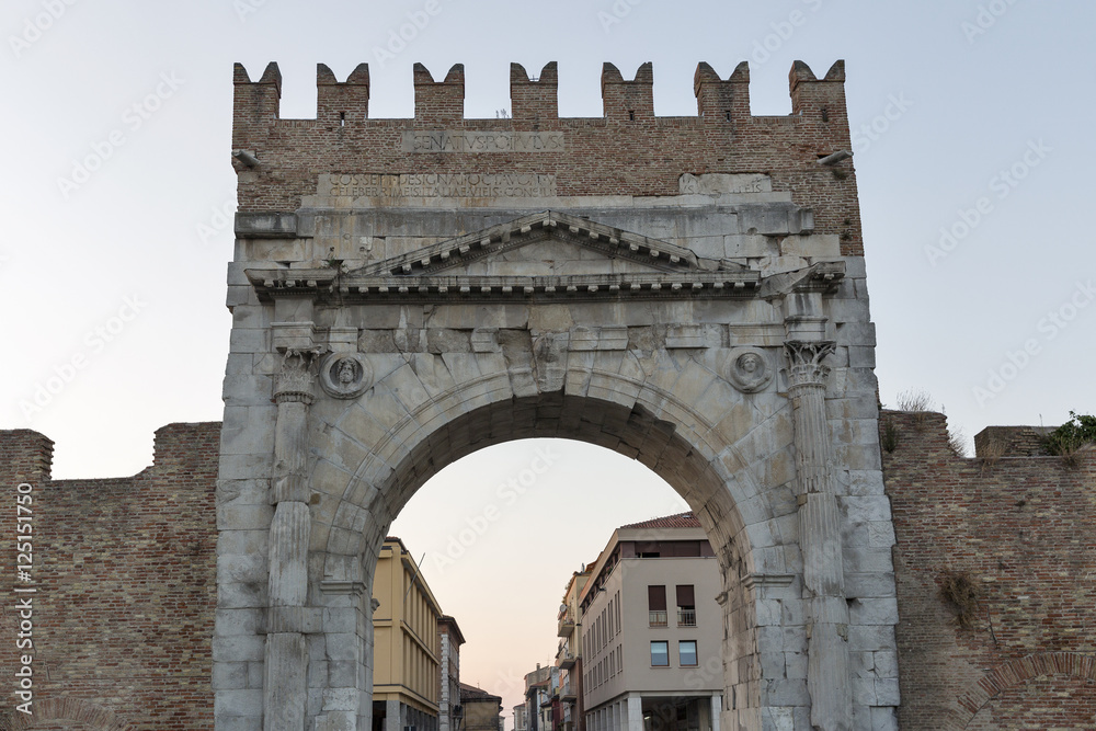 Arch of Augustus at sunset in Rimini, Italy