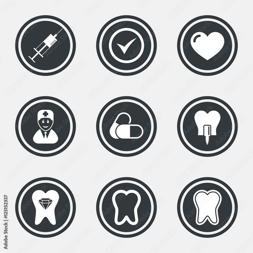 Tooth, dental care icons. Stomatology signs.