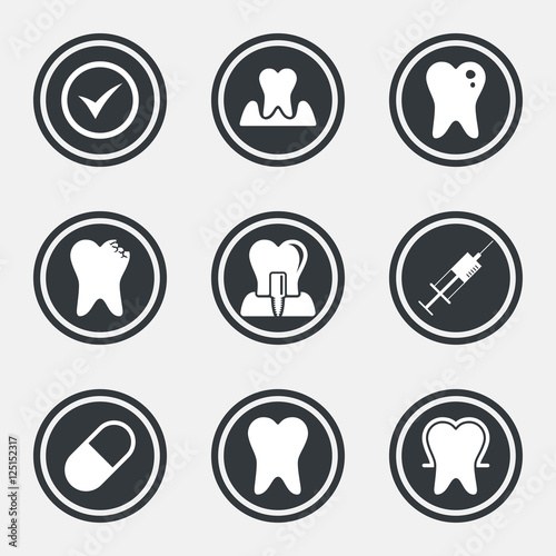 Tooth, dental care icons. Stomatology signs.