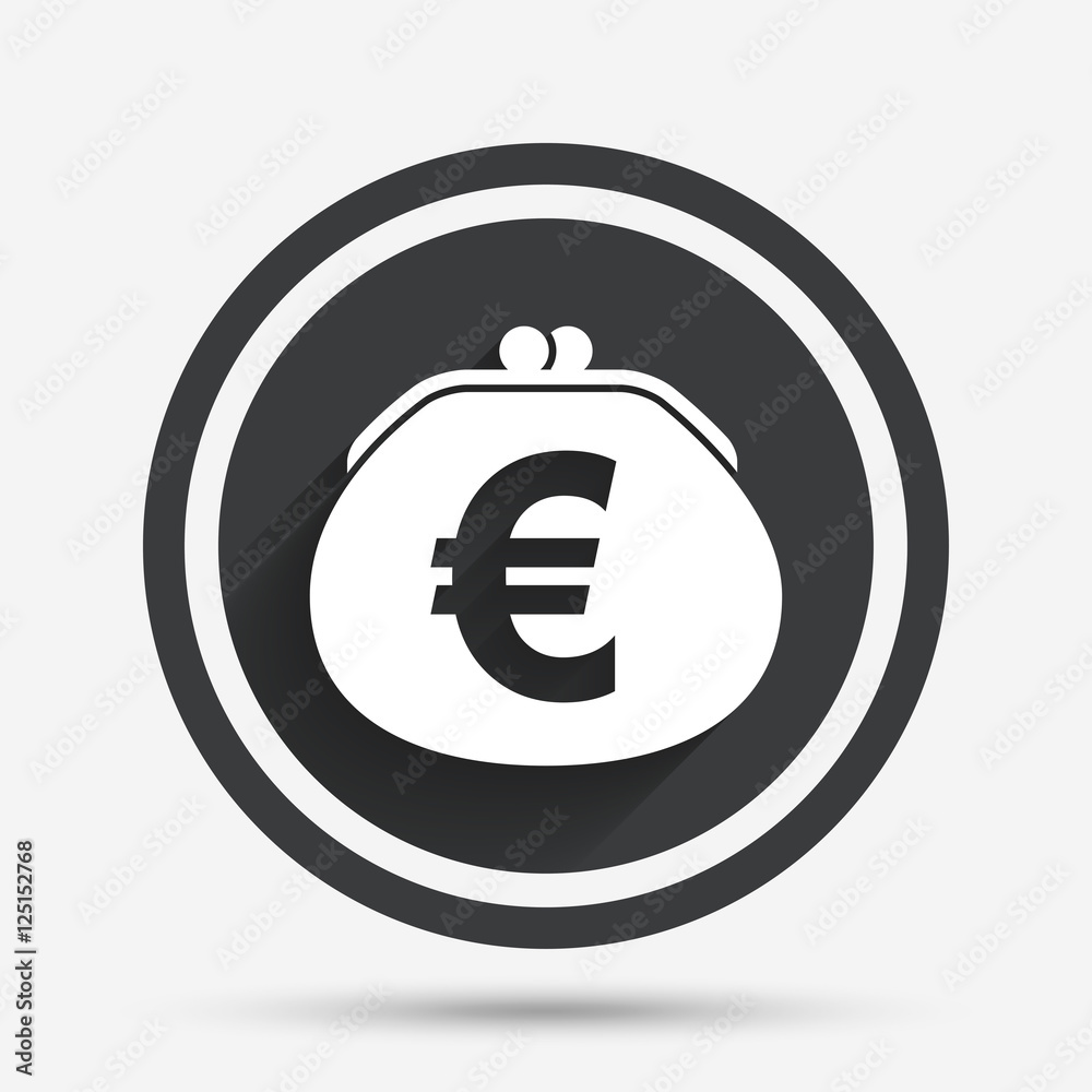 Wallet euro sign icon. Cash bag symbol. Wallet euro sign icon. Cash bag symbol.