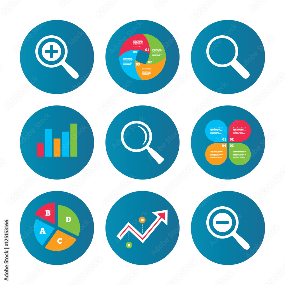 Magnifier glass icons. Plus and minus zoom tool. Magnifier glass icons. Plus and minus zoom tool.