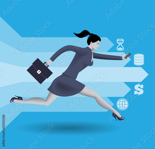 Digital market race business concept. Confident business woman in business suit with case in one hand and smart phone in other runs fast along arrows on blue background.