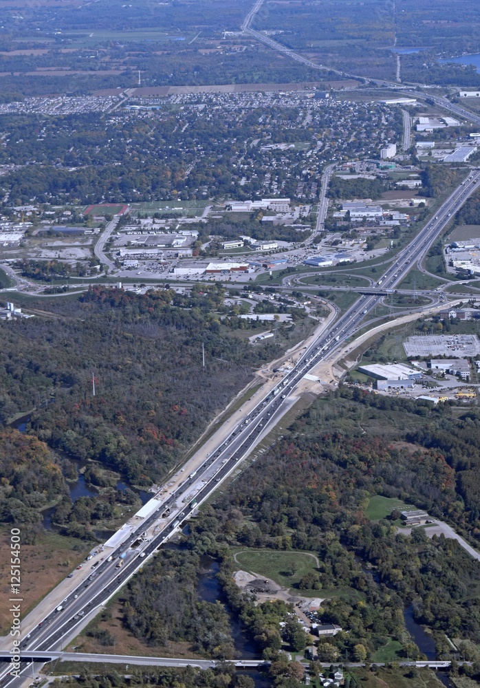 Aerial view of Cambridge near the power centre and major Highway  Ontario, Canada