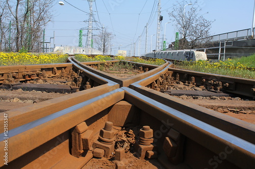 Closeup of the crossing railway tracks at a junction