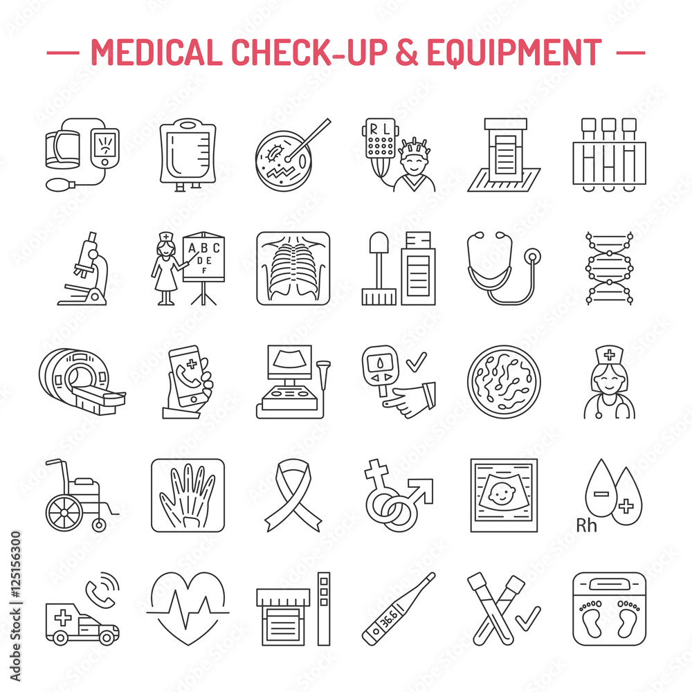 Fototapeta premium Vector thin line icon of medical equipment, research. Medical check-up, test elements - MRI, xray, glucometer, blood pressure, laboratory. Linear pictogram with editable stroke for clinic, hospital.