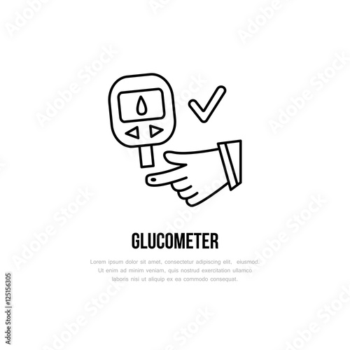 Vector line icon of glucometer. Diabetes linear sign. Outline insulin test symbol for medical equipment brochures. Hypoglycemia, sugar blood check up. Healthcare design element for sites, hospital.