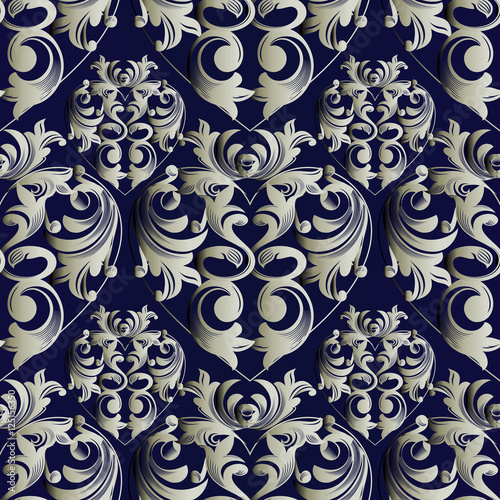 Damask seamless pattern.Love hearts pattern.Baroque pattern.3d vintage vector seamless pattern.Damask floral blue pattern.
