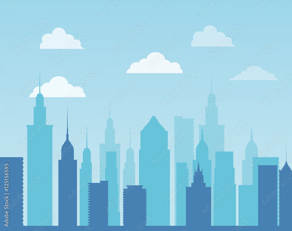 Buildings with clouds icon. Big city architecture and urban theme. Colorful design. Vector illustration
