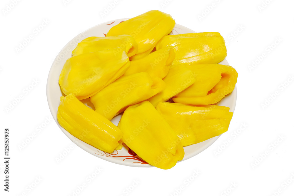 Ripe Jackfruit on a dish. isolated white background