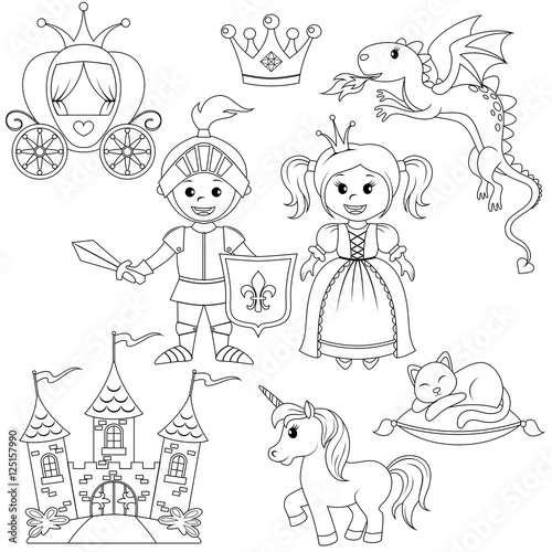 Fairytale princess, knight, castle, carriage, unicorn, crown, dragon, cat and butterfly. Black and white vector illustration for coloring book