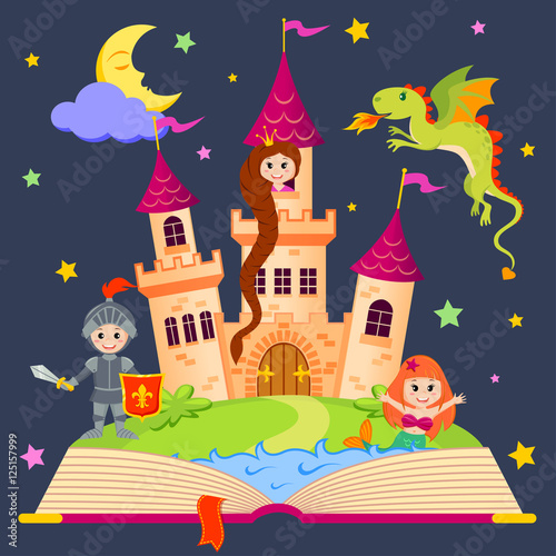 Obraz Bajkowa książka z zamkiem, księżniczką, rycerzem, syreną, smokiem