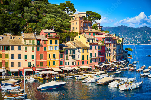 Old town of "Portofino" in Italy / Harbor on sunny summer day
