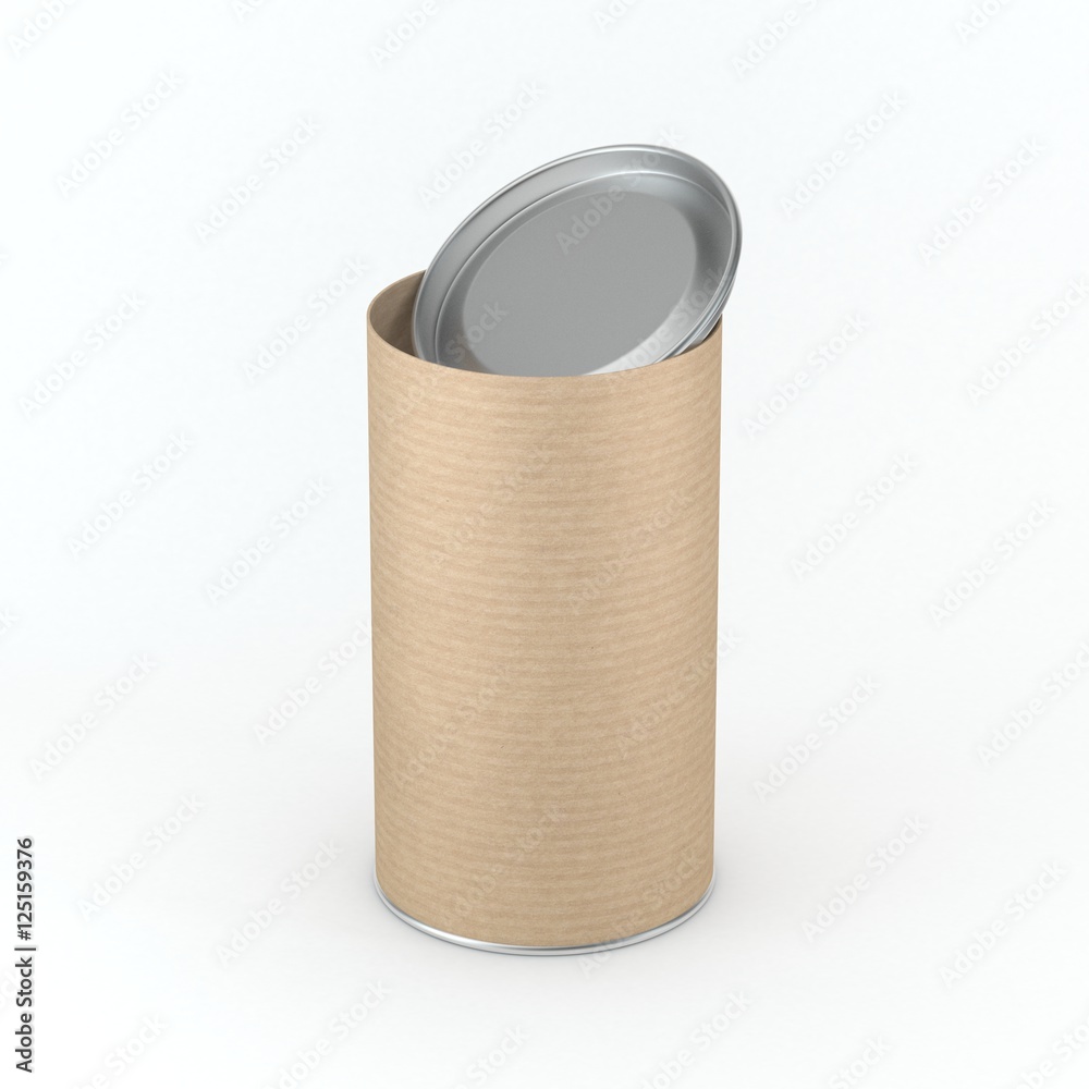 Mockup of Kraft cardboard Tin can packaging with open lid, cover. Tea, coffee, dry products, gift box. Place your design. 3d rendering Mockup of Kraft cardboard Tin can packaging with open lid, cover. Tea, coffee, dry products, gift box. Place your design. 3d rendering