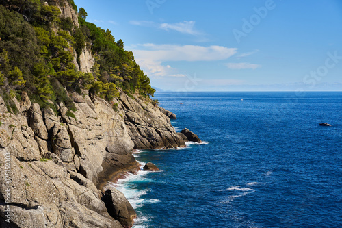 Wild coast behind Portofino in Italy / Rocky cliffs in Liguria