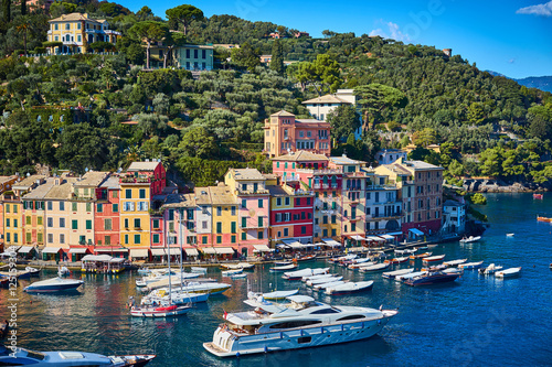 Old town of "Portofino" in Italy / Harbor on sunny summer day