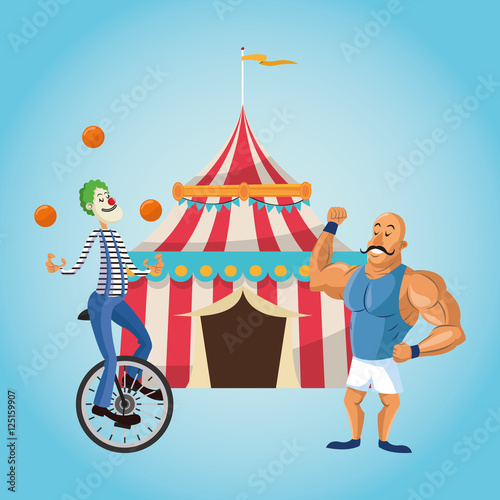 striped tent strength man and clown icon. Carnival festival fair circus and celebration theme. Colorful design. Vector illustration