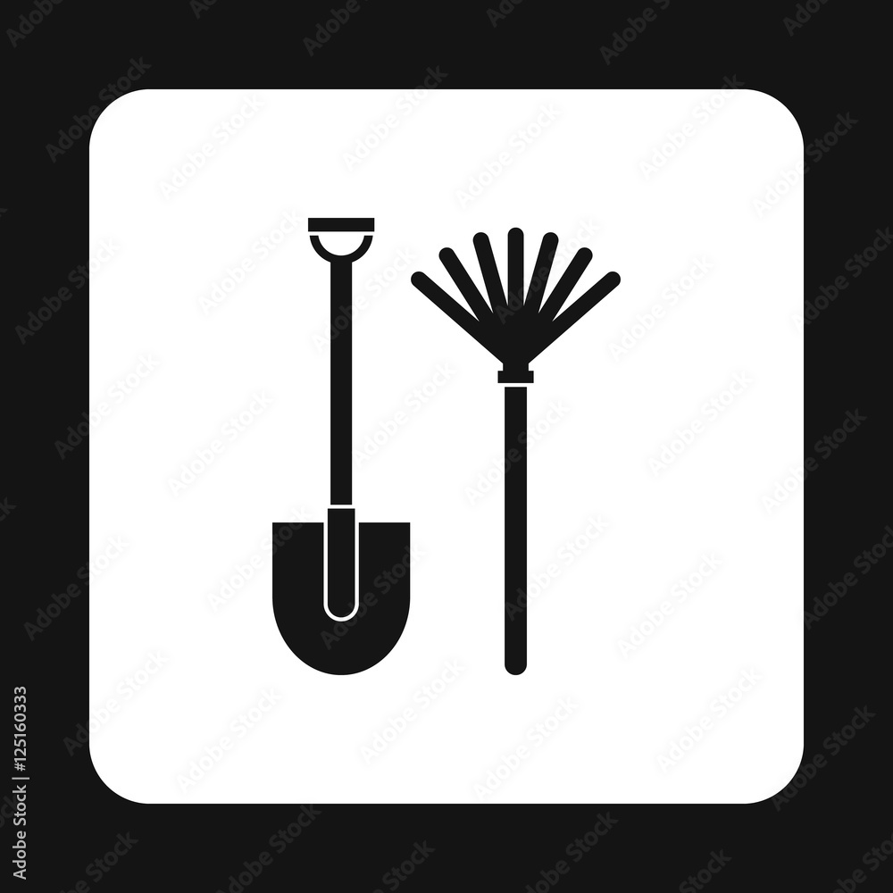 Shovel and broom icon in simple style isolated on white background. Tool symbol Shovel and broom icon in simple style isolated on white background. Tool symbol