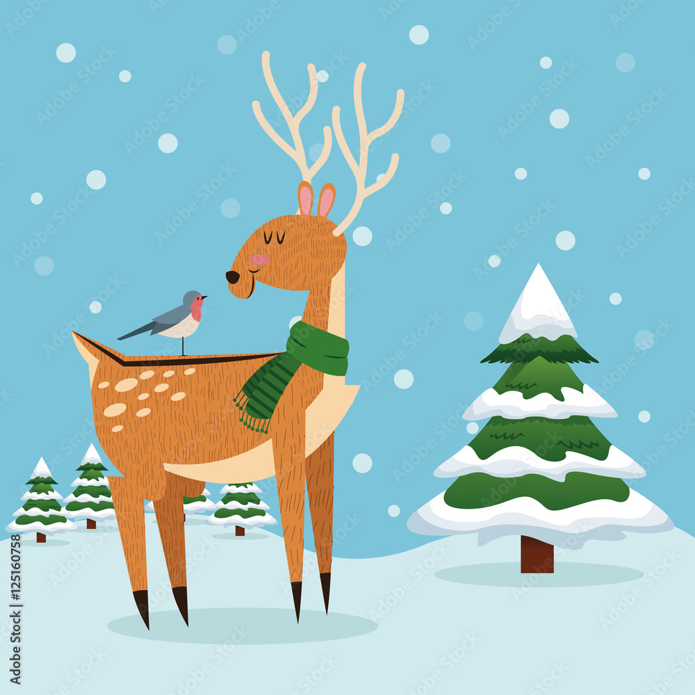 Reindeer and bird cartoon icon. Christmas season card decoration and celebration theme. Colorful design. Vector illustration Reindeer and bird cartoon icon. Christmas season card decoration and celebration theme. Colorful design. Vector illustration