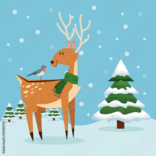 Reindeer and bird cartoon icon. Christmas season card decoration and celebration theme. Colorful design. Vector illustration