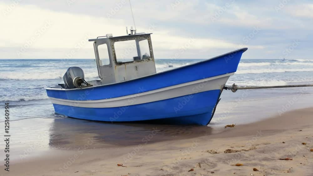 A blue fishing boat rests on the shore of a beach between trips. A blue fishing boat rests on the shore of a beach between trips.