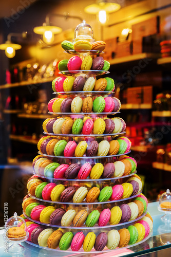 tree of macarons in a pastry shop