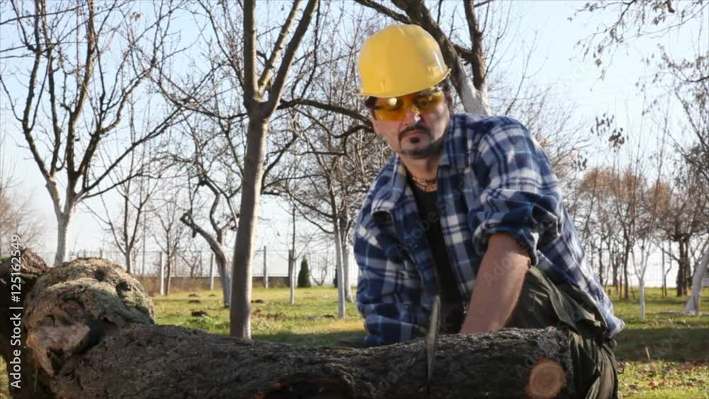 Man cutting wood with electric saw Man cutting wood with electric saw