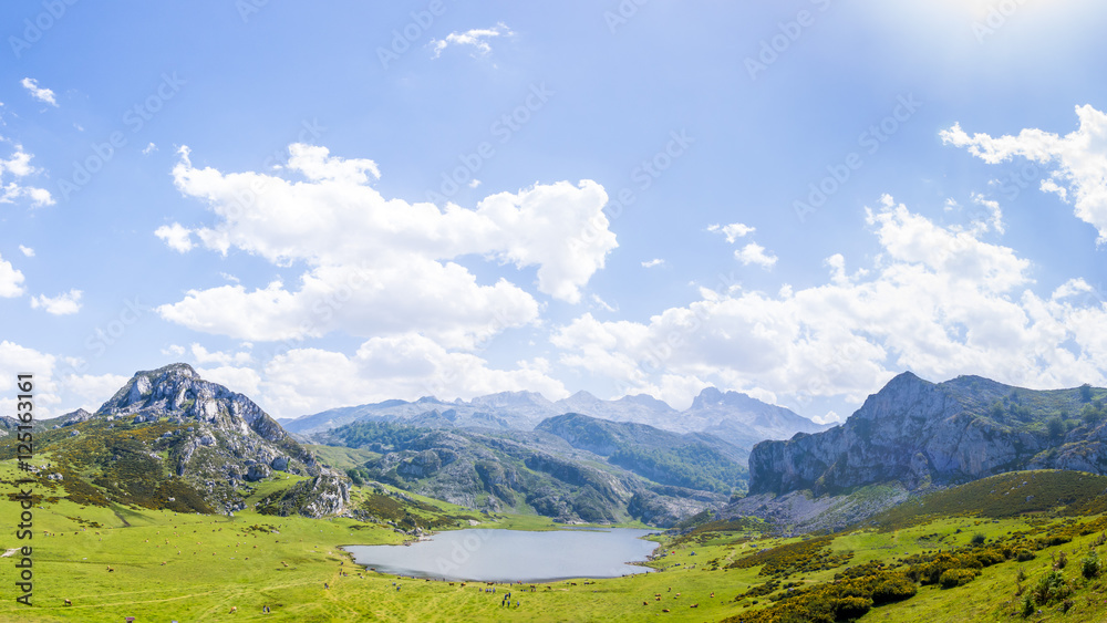 Beautiful view of a mountain lake, in Covadonga, Asturias, Spain