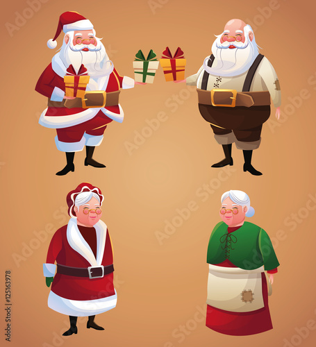 Santa and wife cartoon with gift icon. Christmas season card decoration and celebration theme. Colorful design. Vector illustration
