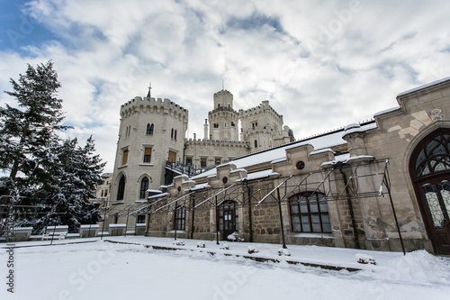 beautiful grand castle covered in snow in winter in Czech Republ