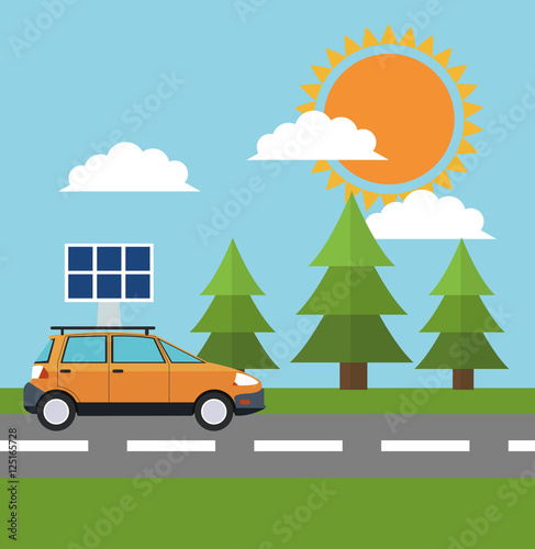 Solar panel pine tree and car icon. Ecology renewable innovation and alternative theme. Vector illustration