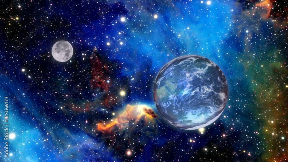 Zooming through space with a beautiful galaxy behind the planet earth and the moon. .