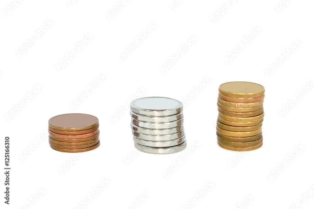 Piles of Coins (gold; silver; bronze) isolated on white background
Piles of Coins (gold; silver; bronze) isolated on white background